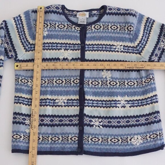 Vintage Talbots Blue White Knit Winter Snowflake Button Up Cardigan Sweater XL - Picture 4 of 10